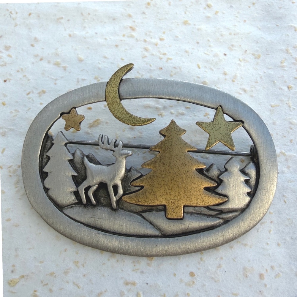 Vintage JJ Jonette Jewelry Reindeer Winter Forest Moon Stars Two Tone Brooch Pin